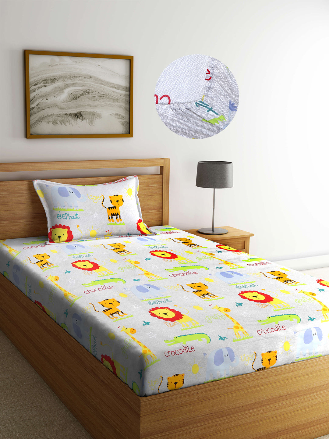 Arrabi Multi Cartoon TC Cotton Blend Single Size Fitted Bedsheet with 1 Pillow Cover (220 X 150 cm)