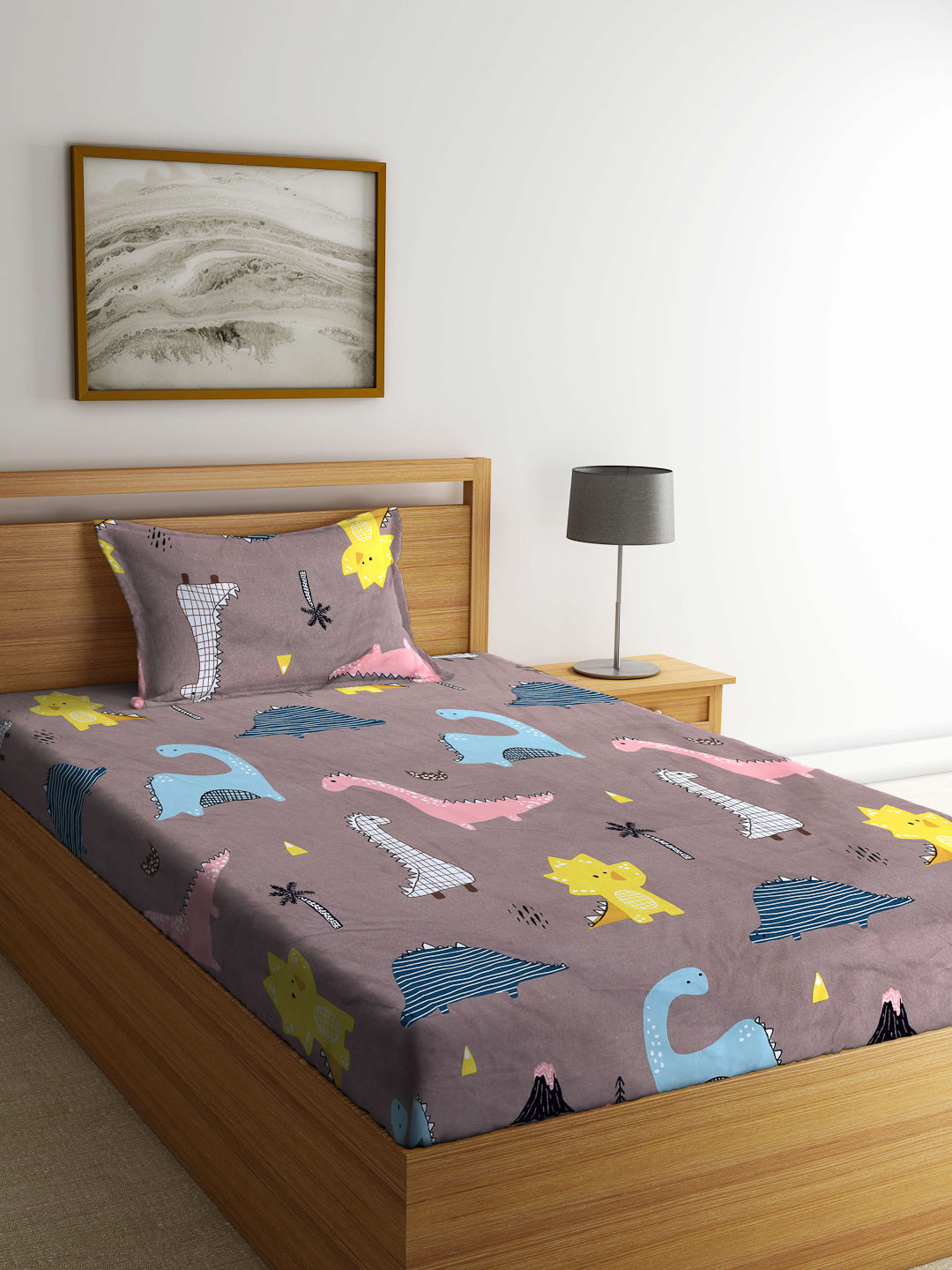 Arrabi Brown Cartoon TC Cotton Blend Single Size Bedsheet with 1 Pillow Cover (215 x 150 cm)