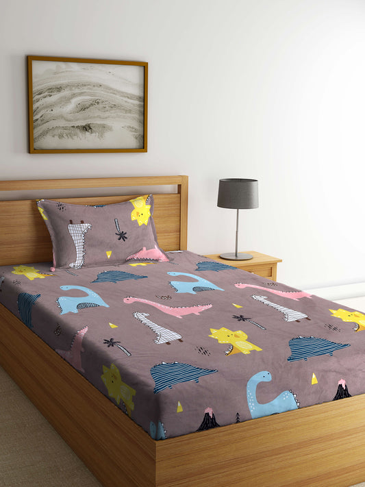 Arrabi Brown Cartoon TC Cotton Blend Single Size Bedsheet with 1 Pillow Cover (215 x 150 cm)