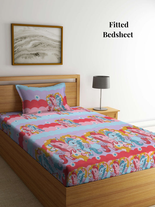 Arrabi Multi Cartoon TC Cotton Blend Single Size Fitted Bedsheet with 1 Pillow Cover (215 x 150 cm)