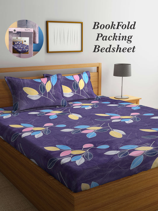 Arrabi Grey Leaf TC Cotton Blend Super King Size Bookfold Bedsheet with 2 Pillow Covers (270 X 260 cm)