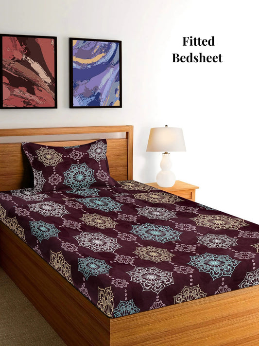 Arrabi Violet Floral TC Cotton Blend Single Size Fitted Bedsheet with 1 Pillow Cover (215 x 150 cm)