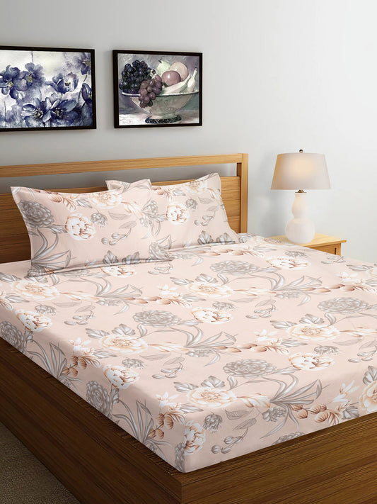 Arrabi Beige Floral TC Cotton Blend King Size Bedsheet with 2 Pillow Covers (250 x 215 cm)
