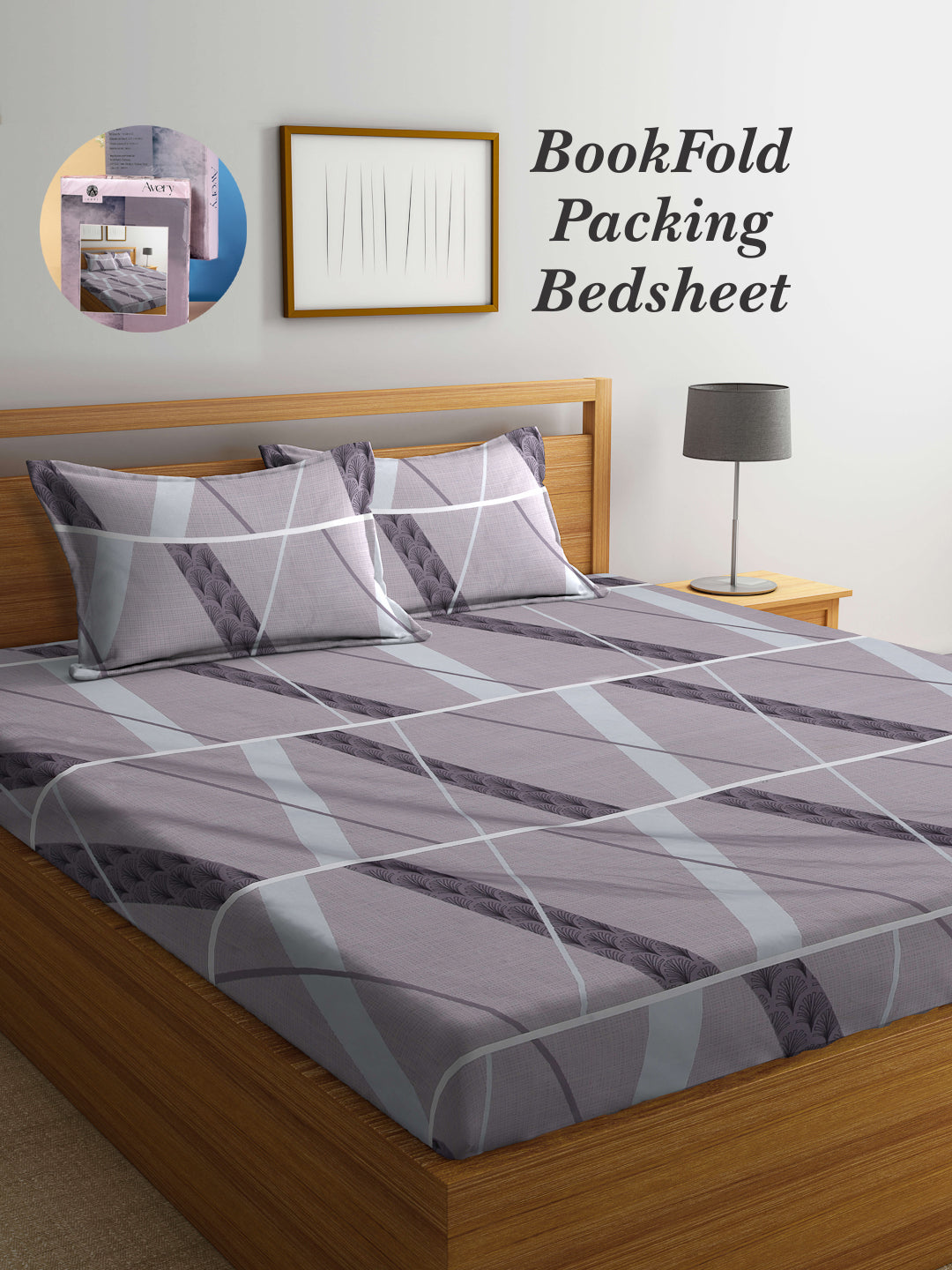 Arrabi Grey Graphic TC Cotton Blend King Size Bookfold Bedsheet with 2 Pillow Covers (250 X 215 cm)