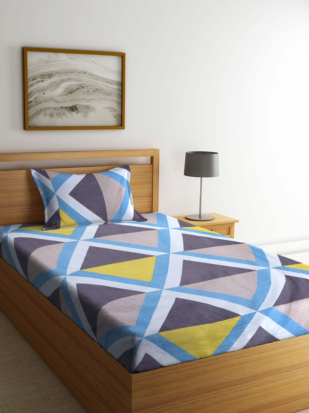 Arrabi Multi Geometric TC Cotton Blend Single Size Bedsheet with 1 Pillow Cover (215 x 150 cm)