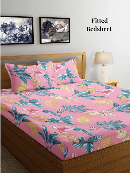 Arrabi Pink Floral TC Cotton Blend King Size Fitted Bedsheet with 2 Pillow Covers (250 X 215 Cm)
