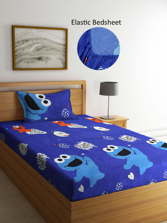 Arrabi Blue Cartoon TC Cotton Blend Single Size Fitted Bedsheet with 1 Pillow Cover (215 X 150 cm)