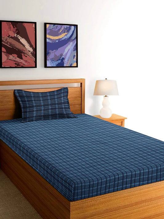 Arrabi Blue Geometric Handwoven Cotton Single Size Bedsheet with 1 Pillow Cover (225 x 150 cm)