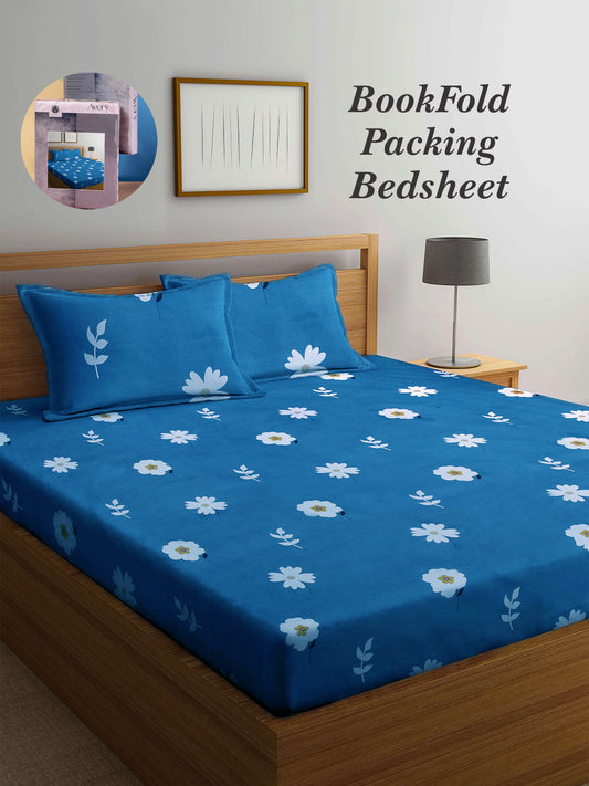 Arrabi Teal Floral TC Cotton Blend Super King Size Bookfold Bedsheet with 2 Pillow Covers (270 X 260 cm)
