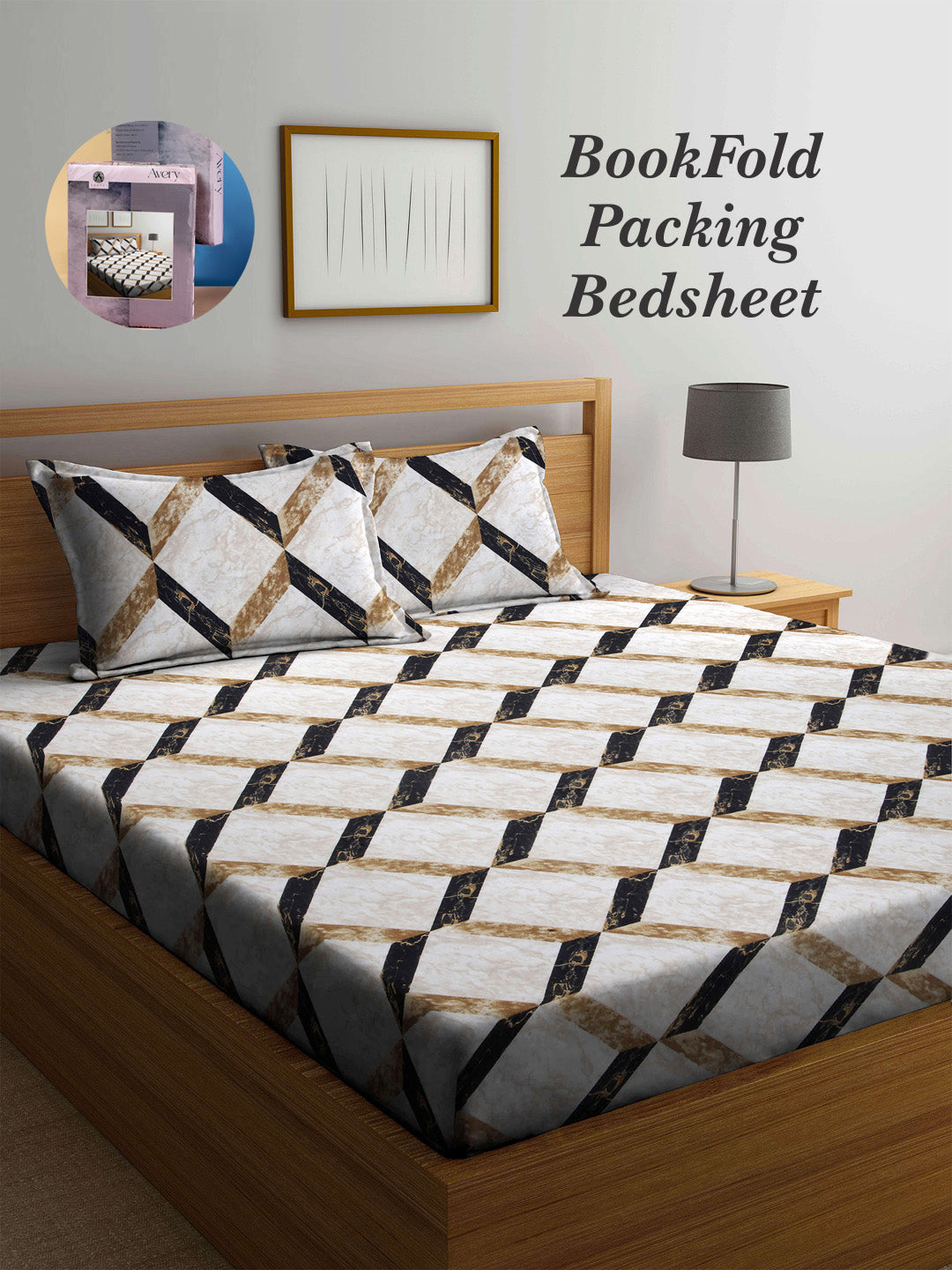 Arrabi Brown Geometric TC Cotton Blend King Size Bookfold Bedsheet with 2 Pillow Covers (250 X 220 cm)