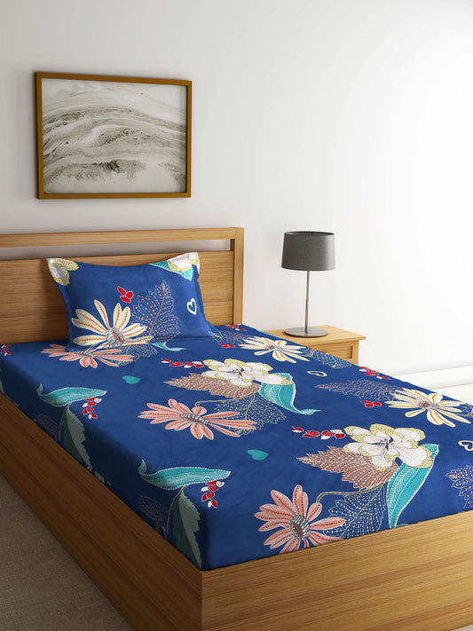 Arrabi Blue Floral TC Cotton Blend Single Size Bedsheet with 1 Pillow Cover (220 x 150 cm)