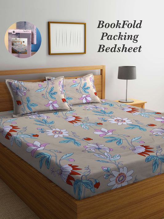 Arrabi Brown Floral TC Cotton Blend King Size Bookfold Bedsheet with 2 Pillow Covers (250 X 215 cm)