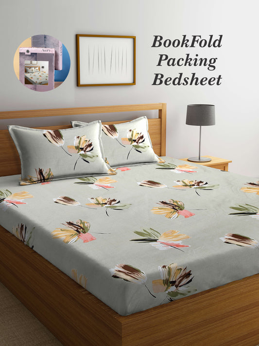 Arrabi Green Floral TC Cotton Blend Super King Size Bookfold Bedsheet with 2 Pillow Covers (270 X 260 cm)