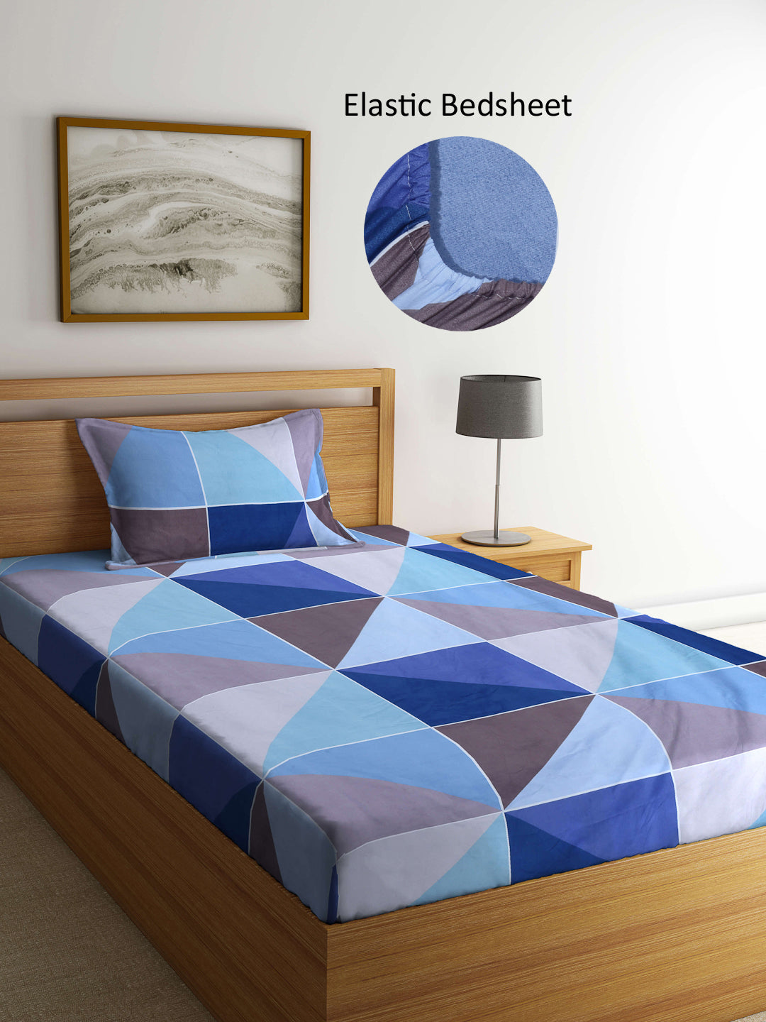 Arrabi Blue Geometric TC Cotton Blend Single Size Fitted Bedsheet with 1 Pillow Cover (215 X 150 cm)