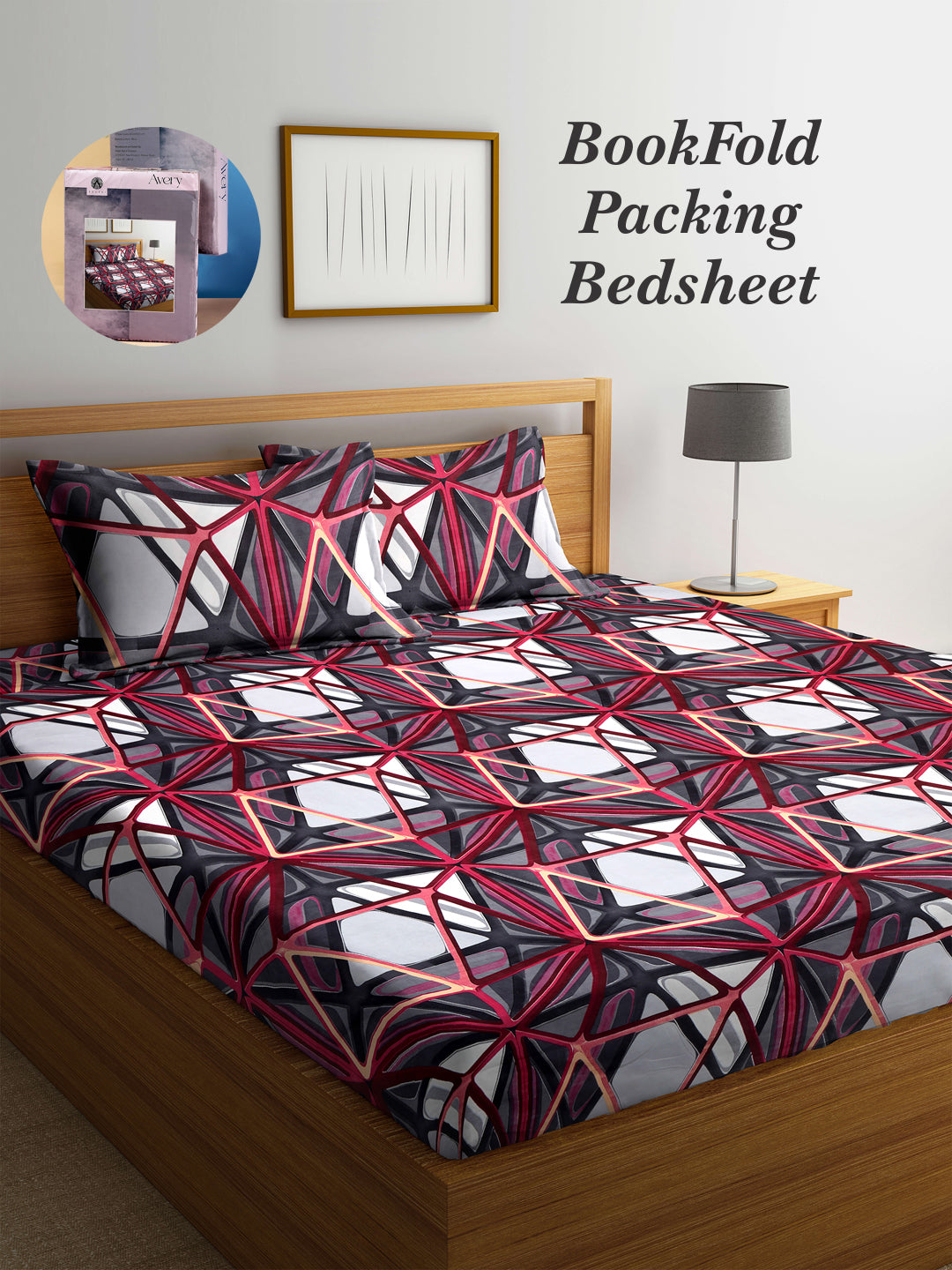 Arrabi Multi Geometric TC Cotton Blend King Size Bookfold Bedsheet with 2 Pillow Covers (250 X 220 cm)