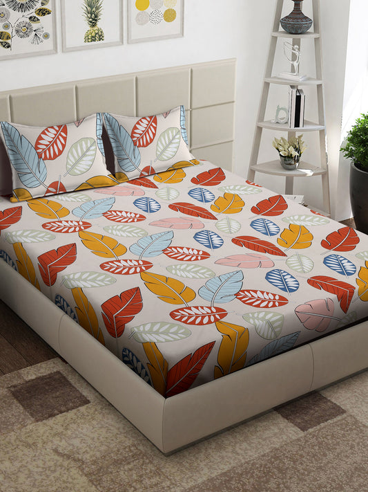 Arrabi Multi Leaf TC Cotton Blend King Size Bedsheet with 2 Pillow Covers (250 x 215 cm)