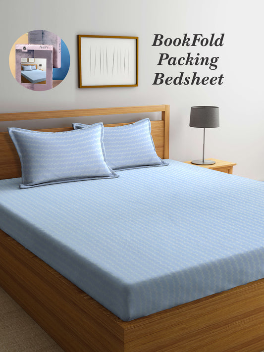 Arrabi Blue Stripes TC Cotton Blend King Size Bookfold Bedsheet with 2 Pillow Covers (250 X 215 cm)