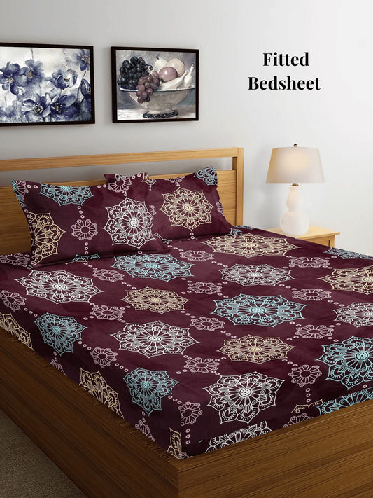 Arrabi Violet Floral TC Cotton Blend King Size Fitted Bedsheet with 2 Pillow Covers (250 X 215 Cm)