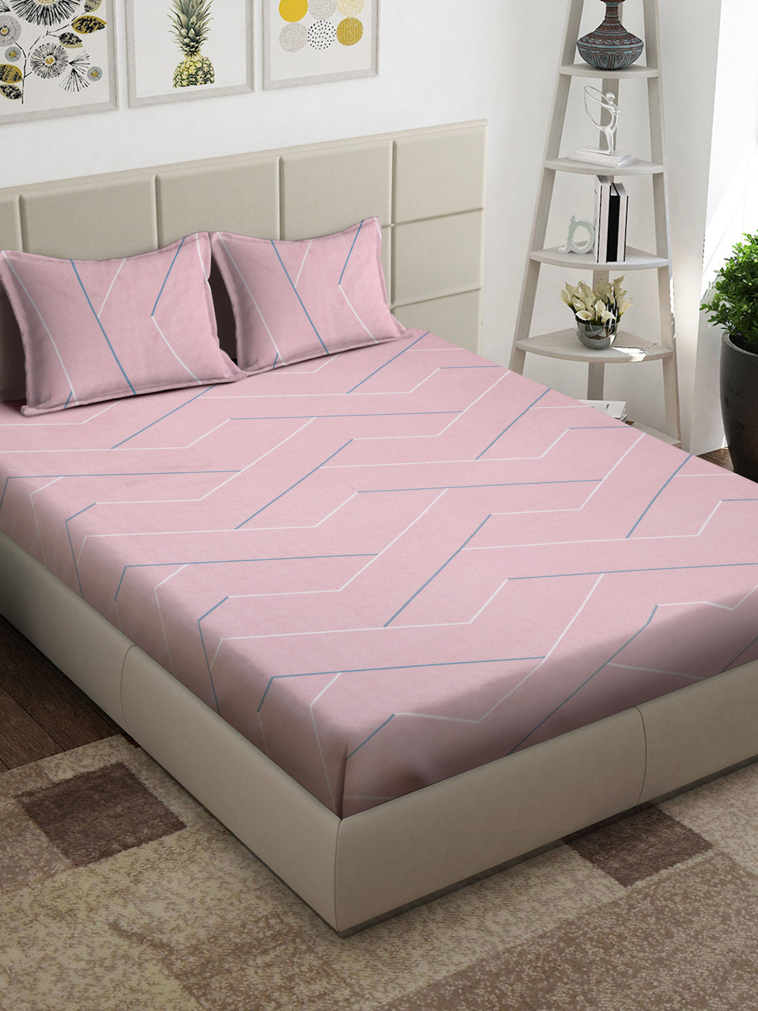 Arrabi Pink Geometric TC Cotton Blend King Size Bedsheet with 2 Pillow Covers (250 x 215 cm)