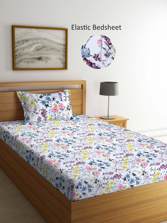 Arrabi White Floral TC Cotton Blend Single Size Fitted Bedsheet with 1 Pillow Cover (215 X 150 cm)