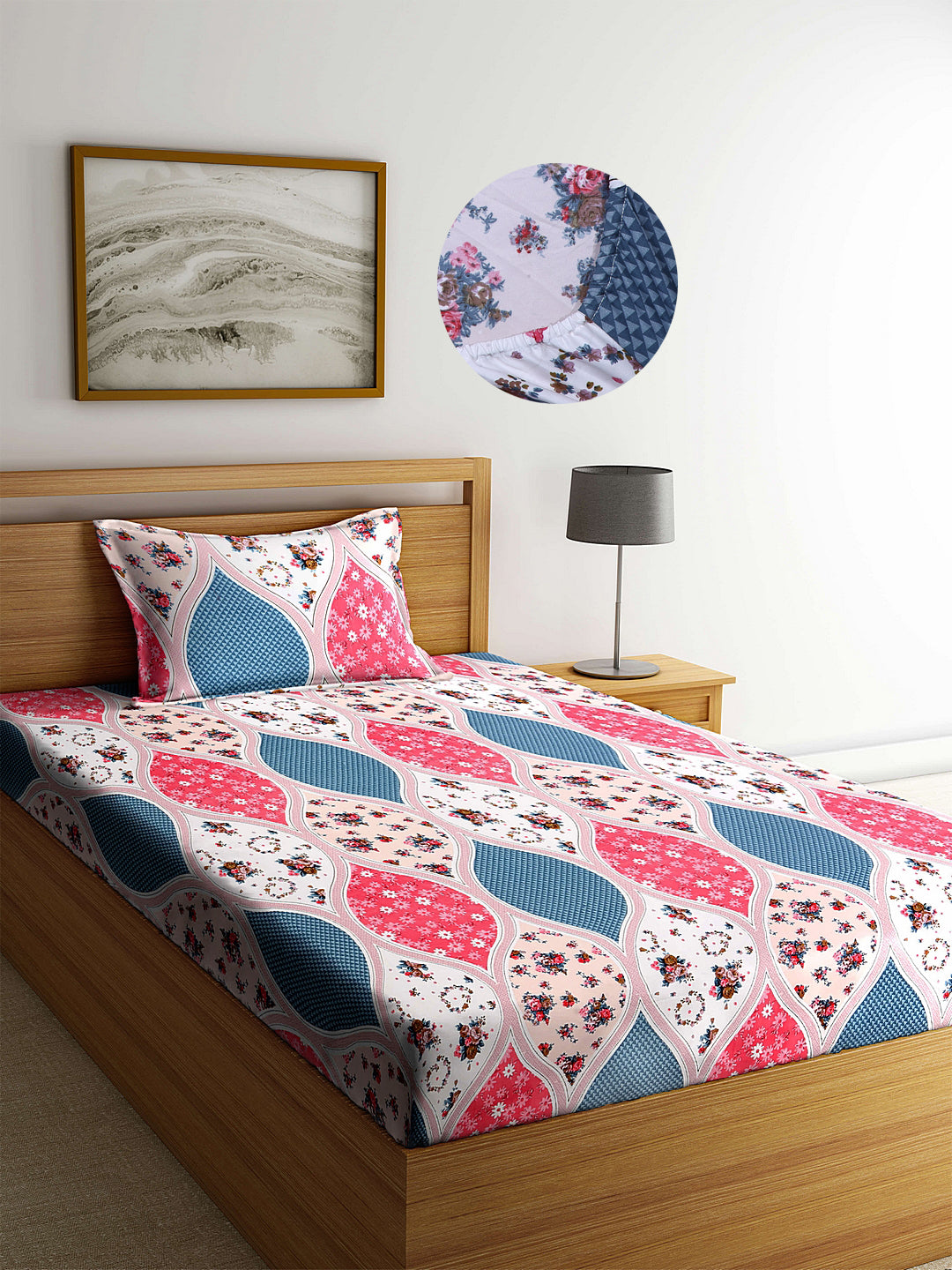 Arrabi Multi Floral TC Cotton Blend Single Size Fitted Bedsheet with 1 Pillow Cover (220 X 150 cm)