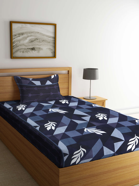 Arrabi Blue Graphic TC Cotton Blend Single Size Bedsheet with 1 Pillow Cover (215 X 150 cm)