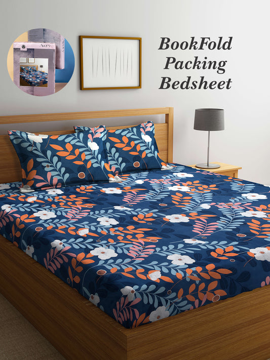 Arrabi Blue Leaf TC Cotton Blend King Size Bookfold Bedsheet with 2 Pillow Covers (250 X 215 cm)