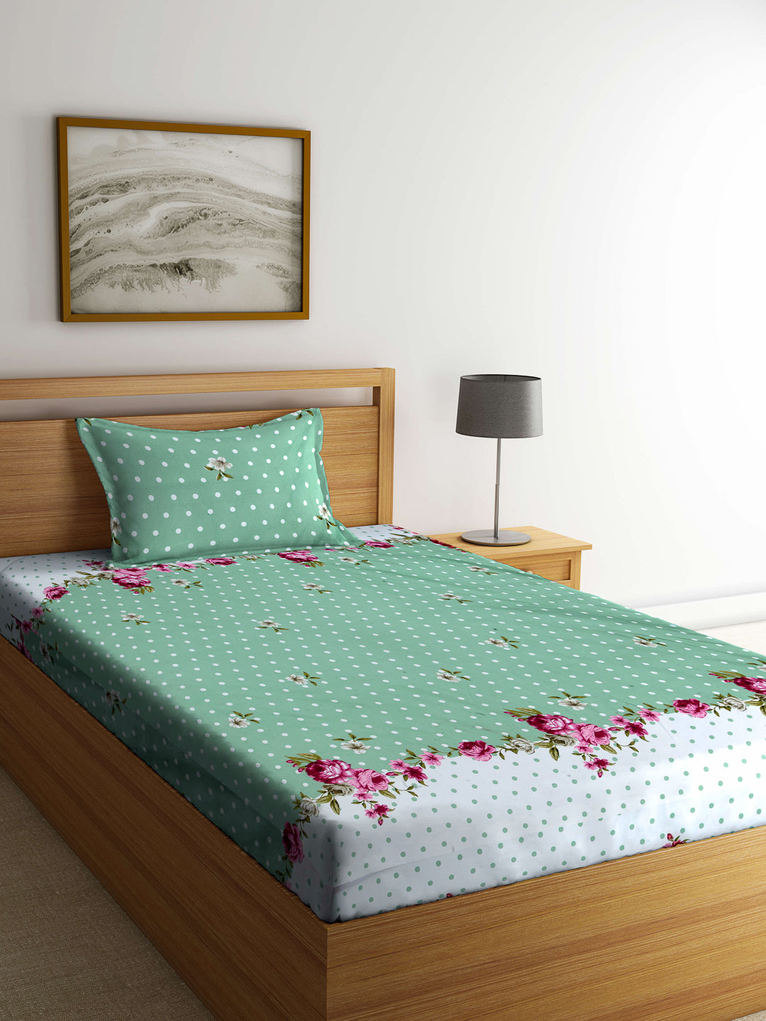 Arrabi Green Floral TC Cotton Blend Single Size Bedsheet with 1 Pillow Cover (215 x 150 cm)