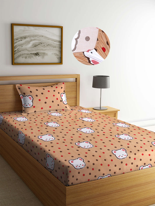 Arrabi Brown Cartoon TC Cotton Blend Single Size Fitted Bedsheet with 1 Pillow Cover (220 X 150 cm)