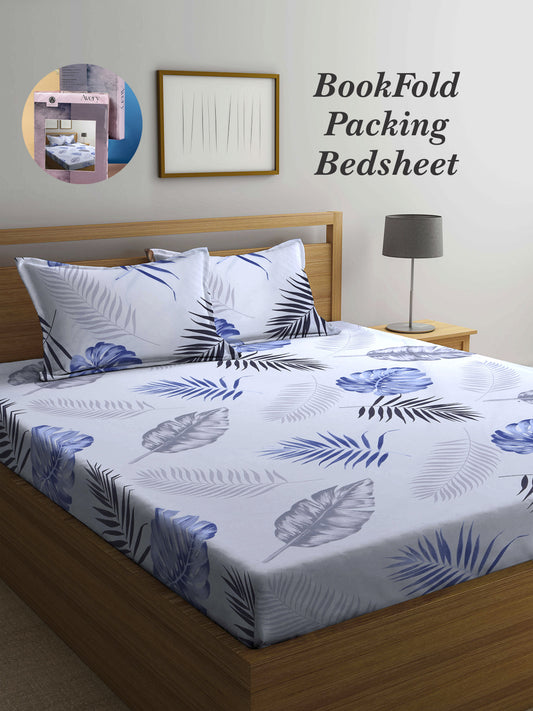 Arrabi White Leaf TC Cotton Blend King Size Bookfold Bedsheet with 2 Pillow Covers (250 X 215 cm)