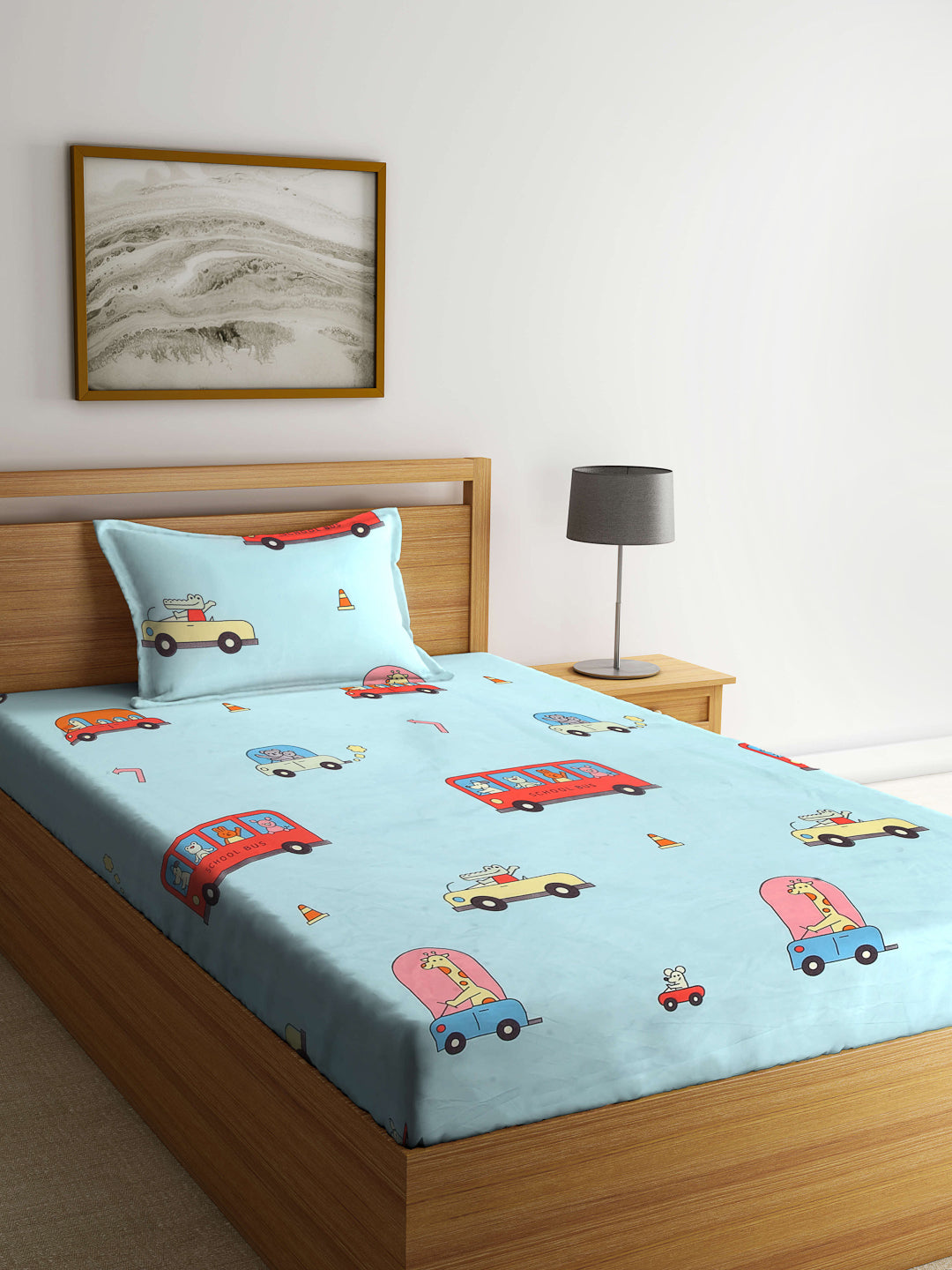 Arrabi Blue Cartoon TC Cotton Blend Single Size Bedsheet with 1 Pillow Cover (215 x 150 cm)