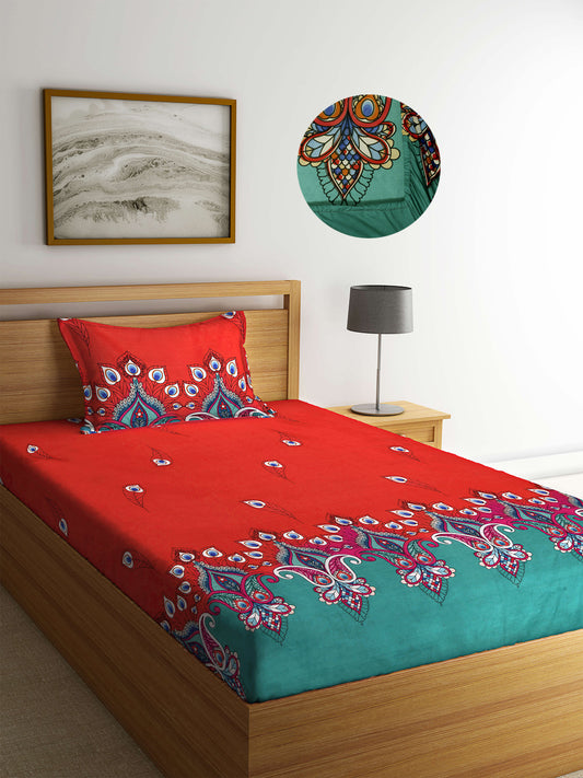 Arrabi Red Indian TC Cotton Blend Single Size Fitted Bedsheet with 1 Pillow Cover (220 X 150 cm)