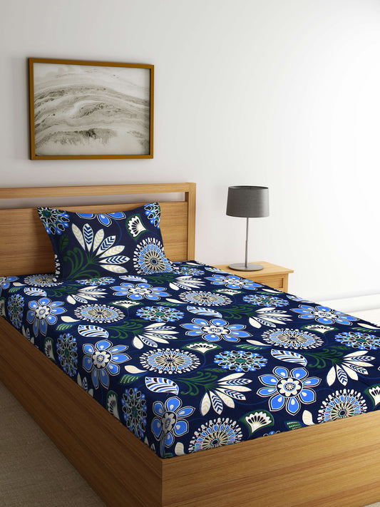 Arrabi Blue Indian TC Cotton Blend Single Size Bedsheet with 1 Pillow Cover (215 X 150 cm)