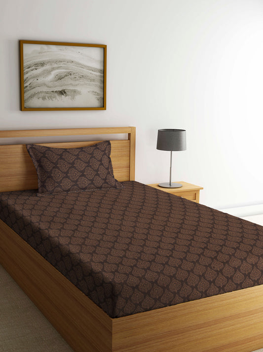 Arrabi Brown Indian Handwoven Cotton Single Size Bedsheet with 1 Pillow Cover (230 x 150 cm)