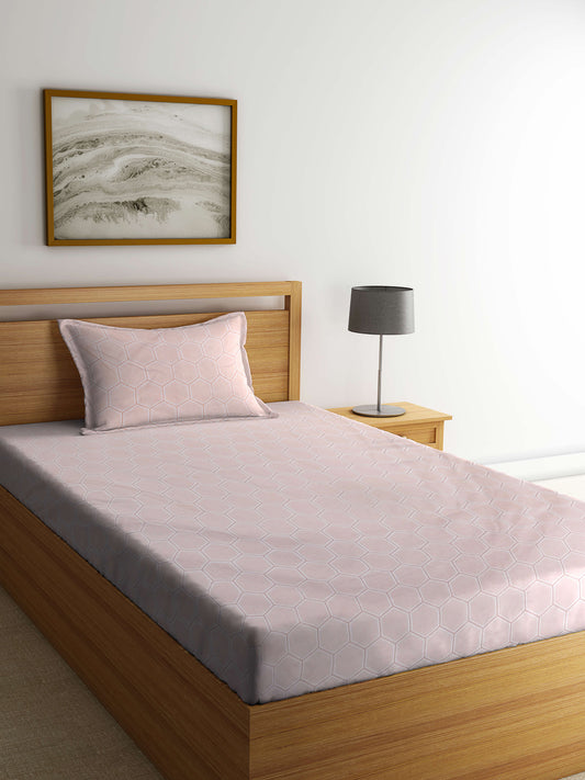 Arrabi Peach Geometric TC Cotton Blend Single Size Bedsheet with 1 Pillow Cover (215 x 150 cm)