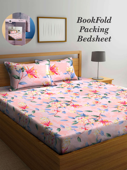 Arrabi Peach Floral TC Cotton Blend King Size Bookfold Bedsheet with 2 Pillow Covers (250 X 220 cm)