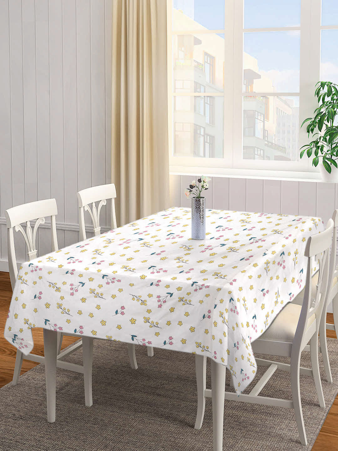 Arrabi Cream Floral Cotton Blend 6 SEATER Table Cover (180 X 130 cm)