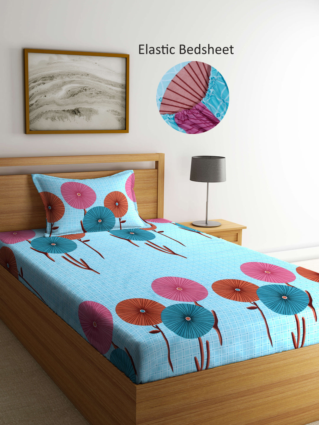 Arrabi Blue Floral TC Cotton Blend Single Size Fitted Bedsheet with 1 Pillow Cover (215 X 150 cm)