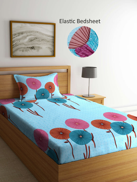 Arrabi Blue Floral TC Cotton Blend Single Size Fitted Bedsheet with 1 Pillow Cover (215 X 150 cm)