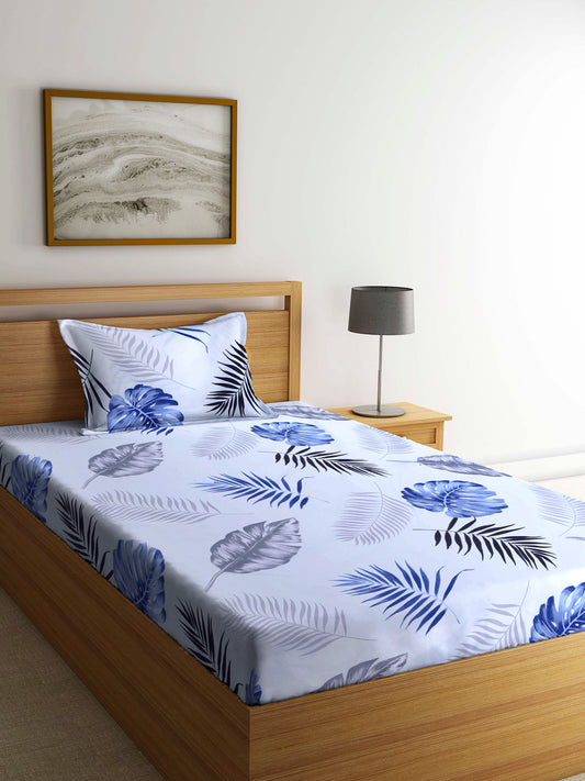Arrabi White Leaf TC Cotton Blend Single Size Bedsheet with 1 Pillow Cover (220 x 150 cm)