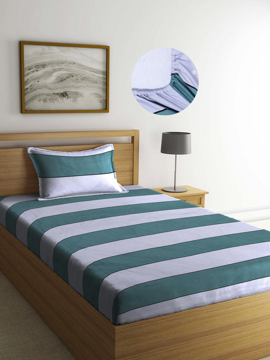 Arrabi Green Stripes TC Cotton Blend Single Size Fitted Bedsheet with 1 Pillow Cover (220 X 150 cm)