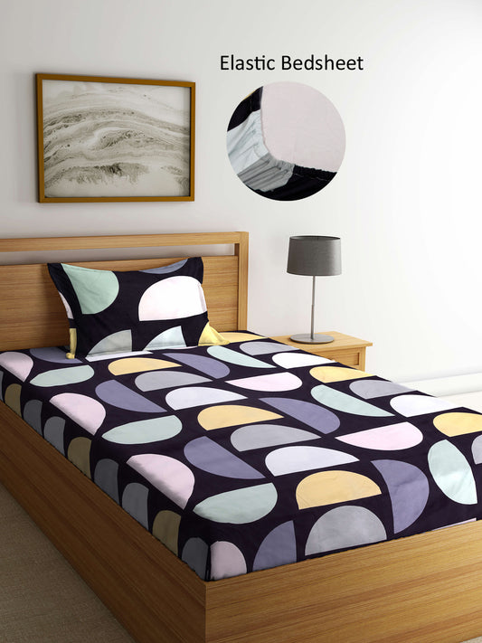 Arrabi Multi Geometric TC Cotton Blend Single Size Fitted Bedsheet with 1 Pillow Cover (215 X 150 cm)