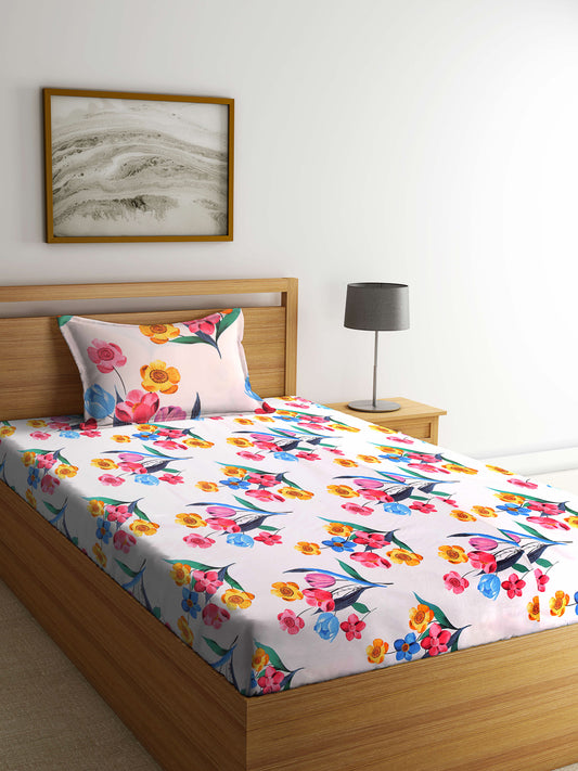 Arrabi Multi Floral TC Cotton Blend Single Size Bedsheet with 1 Pillow Cover (215 x 150 cm)