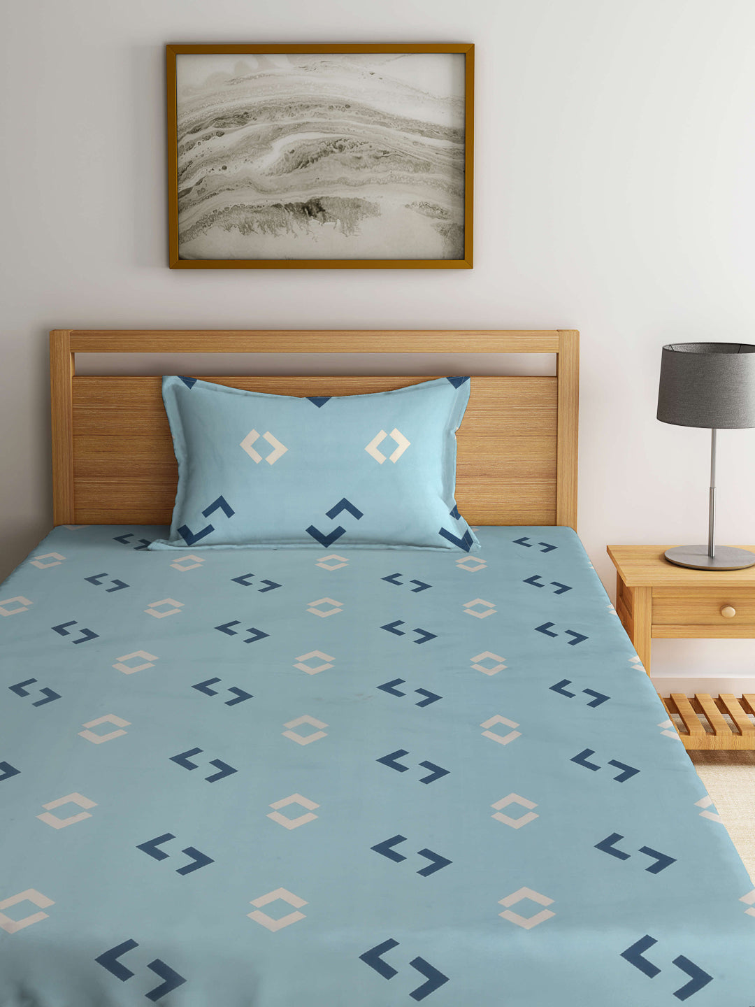 Arrabi Blue Geometric TC Cotton Blend Single Size Fitted Bedsheet with 1 Pillow Cover (215 x 150 cm)