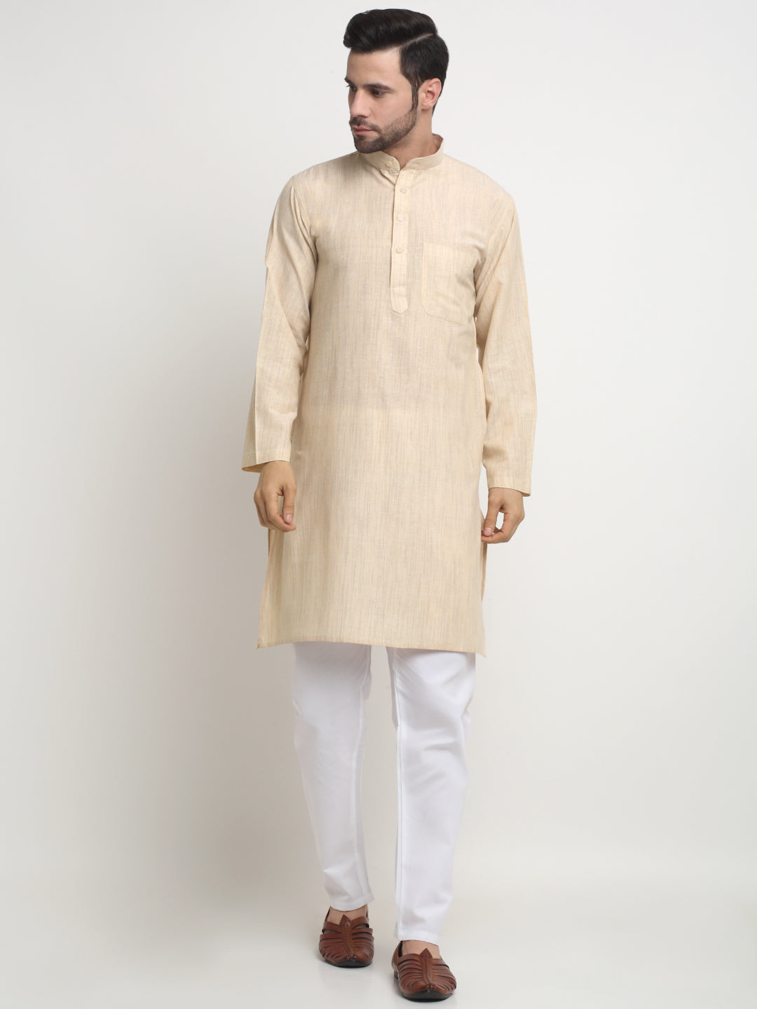 Arrabi Men Cream Pure Cotton Solid Kurta Pyjama Set with Pockets