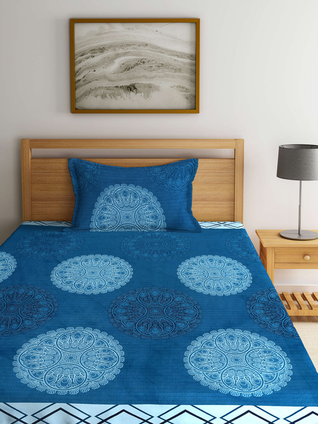 Arrabi Blue Indian TC Cotton Blend Single Size Bedsheet with 1 Pillow Cover (215 x 150 cm)