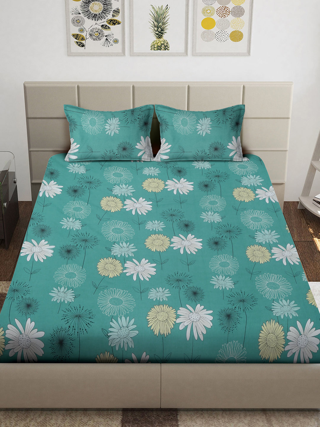 Arrabi Green Floral TC Cotton Blend King Size Bedsheet with 2 Pillow Covers (250 x 215 cm)