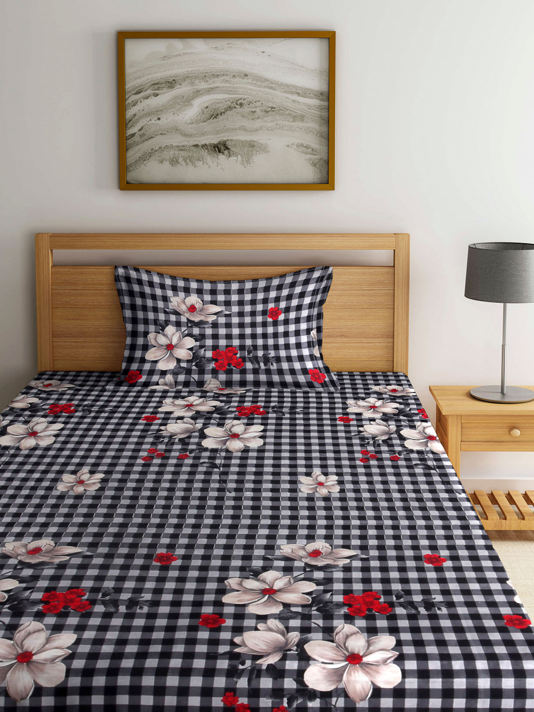 Arrabi Black Floral TC Cotton Blend Single Size Fitted Bedsheet with 1 Pillow Cover (220 X 150 cm)