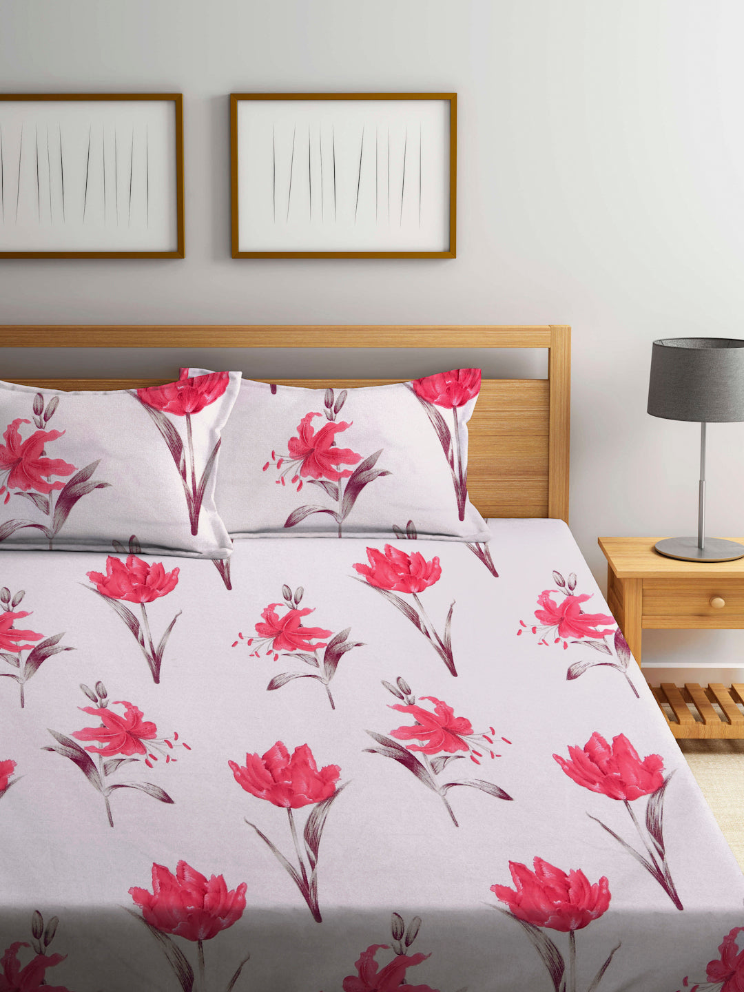 Arrabi Beige Floral TC Cotton Blend Super King Size Bookfold Bedsheet with 2 Pillow Covers (270 X 260 cm)