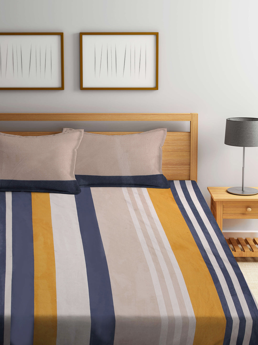 Arrabi Multi Stripes TC Cotton Blend Super King Size Fitted Bedsheet with 2 Pillow Covers (270 x 260 cm)